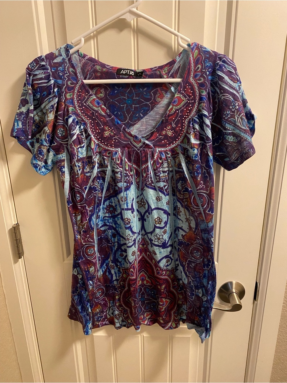Apt 9 L Top Sublimation Blouse Blue Burgundy Large Shirt Lg Bling